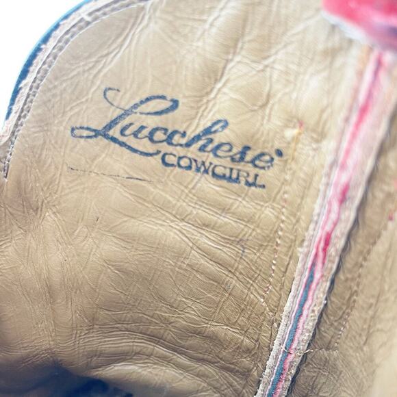 Lucchese Red Suede Hand Tooled Filigree Wingtip Square Toe Western Boot size 7.5 - Picture 11 of 12